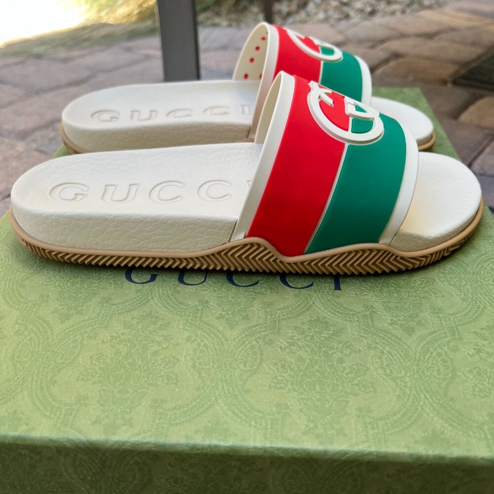 Authentic Gucci Agrado Slide Sandal CREAM RED GREEN Men's Size 6G 655461